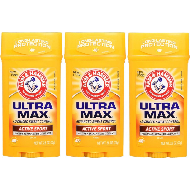 Arm & Hammer, Ultra Max advanced sweat control antiperspirant deodorant stick with 48hrs protection in scent active sport - 3 pack. 