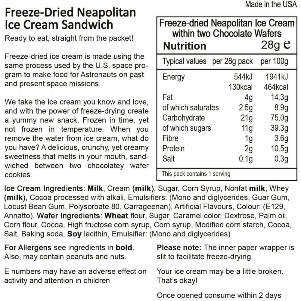 Nutrition label and ingredients list for Astronaut Food freeze-dried Neapolitan ice cream sandwich.