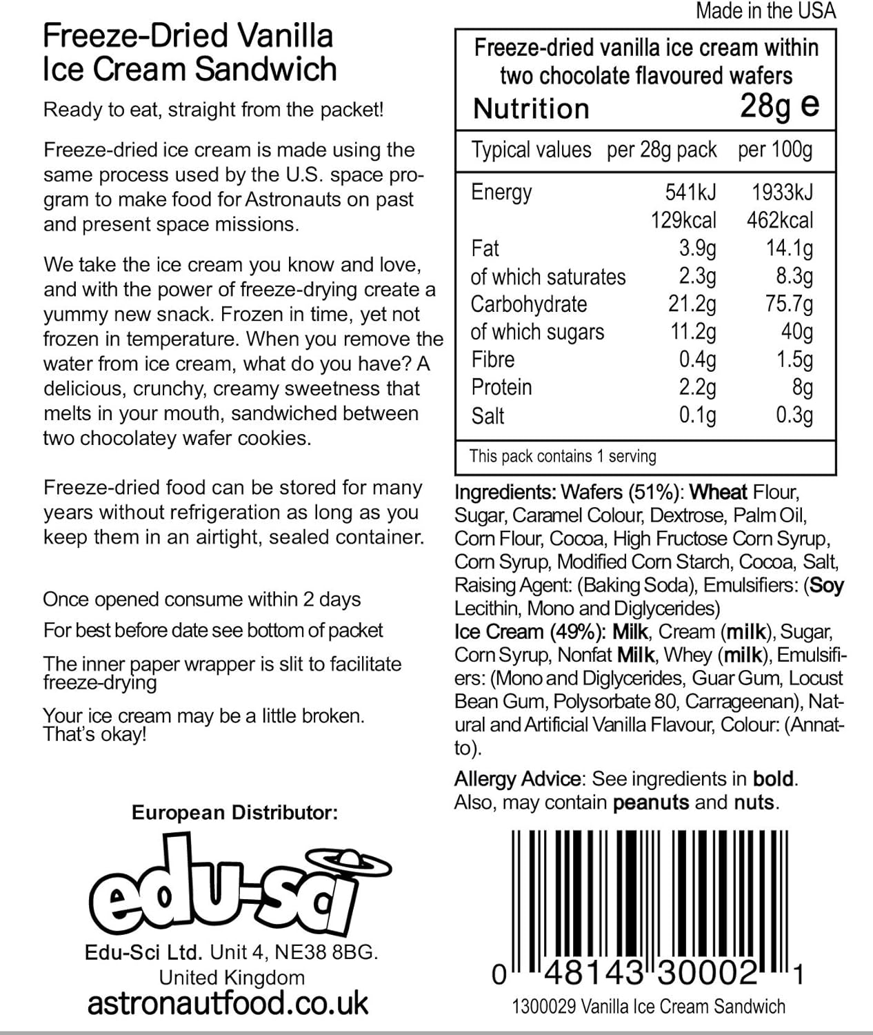Label for Freeze-Dried Vanilla Ice Cream Sandwich with nutritional information and ingredients.
