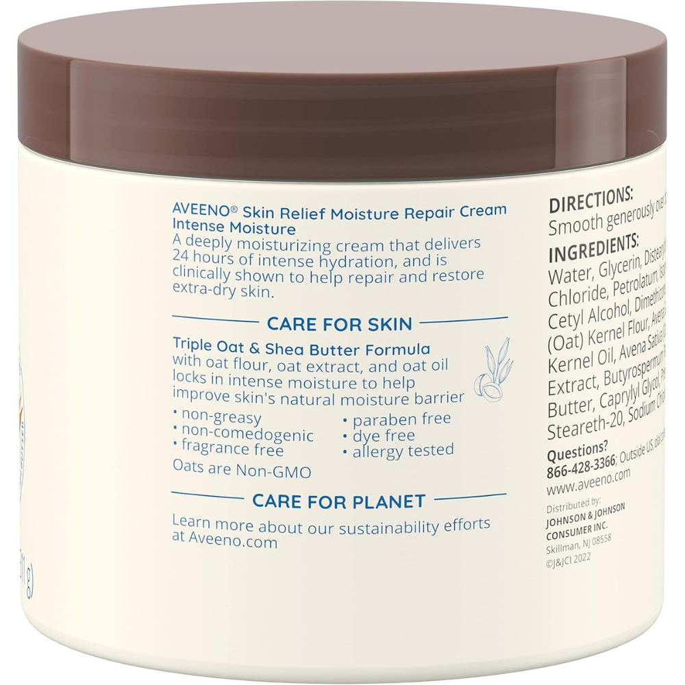 Aveeno skin relief moisture repair cream intense moisture, to help repair and restore extra dry skin with triple oat and shea butter formula. 