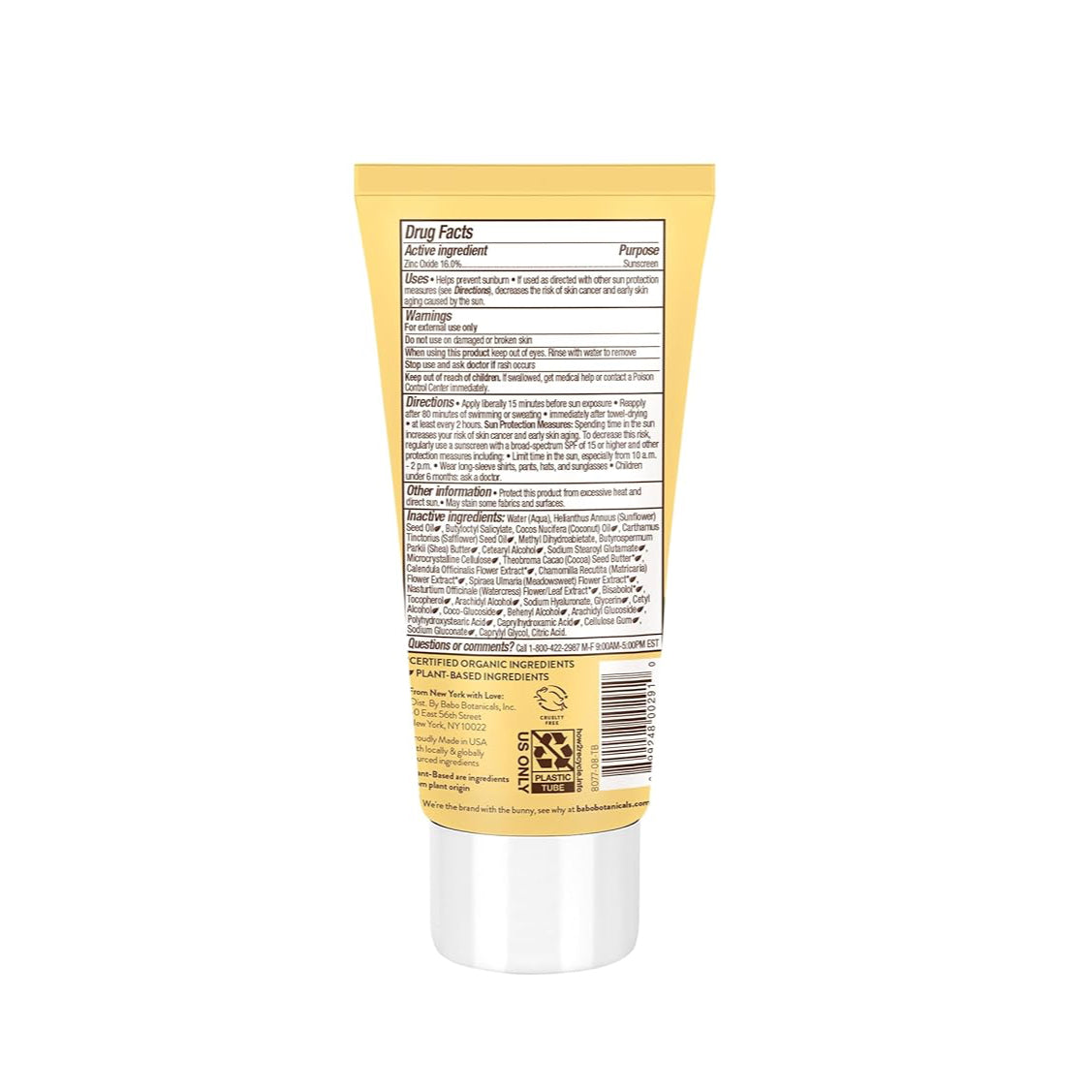 Back view of a tube of Babo Botanicals clear zinc sunscreen with drug facts and ingredients. 