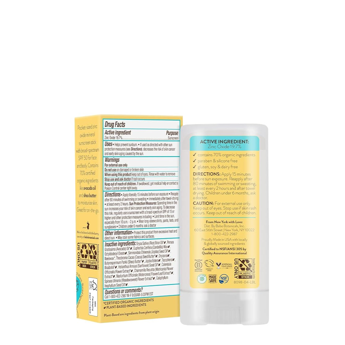 Babo Botanical sunscreen stick with Zinc Oxide, 70% organic ingredients, paraben & silicon free as well as gluten, soy and dairy free. 