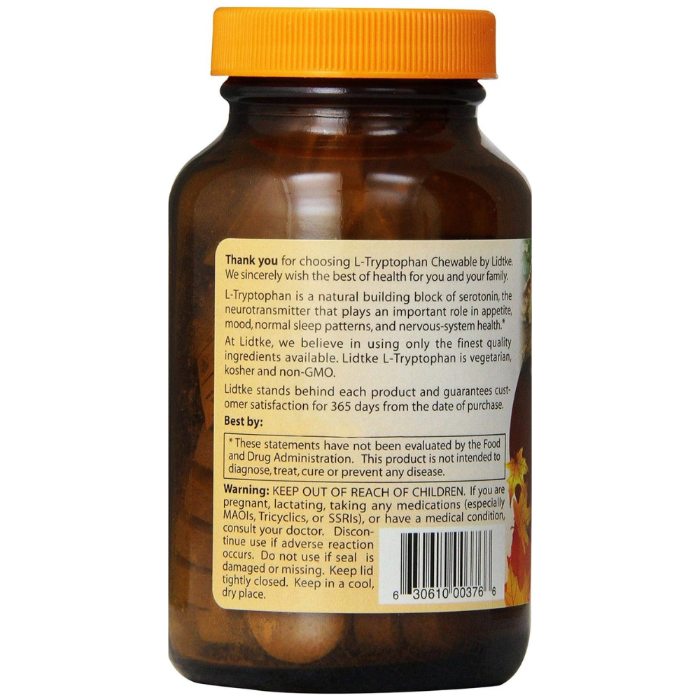 Back view of a L-Tryptophan chewable supplement bottle