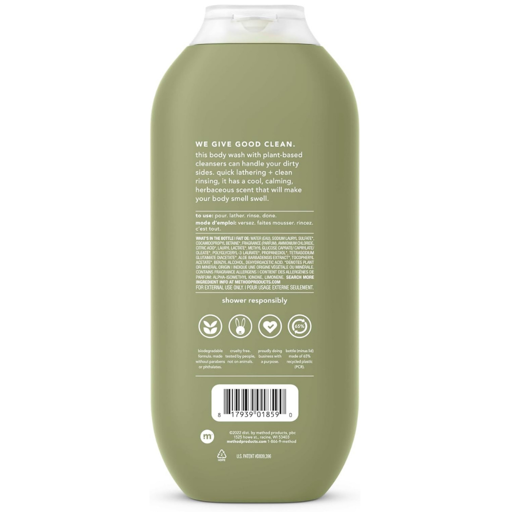 Back of bottle of Method men body wash in a juniper and sage fragrance