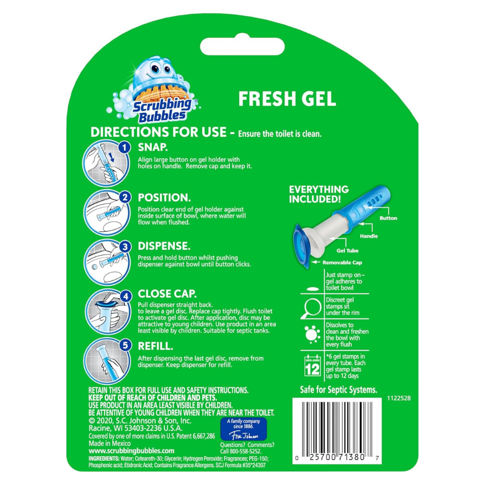 Back of Scrubbing Bubbles Fresh Gel packaging with directions and product details.