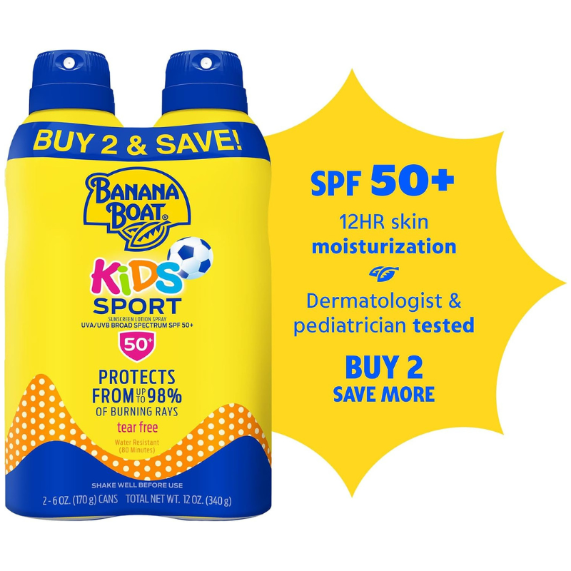 Banana Boat Kids Sport Sunscreen Spray, Tear-Free, SPF 50, 170g - Twin Pack