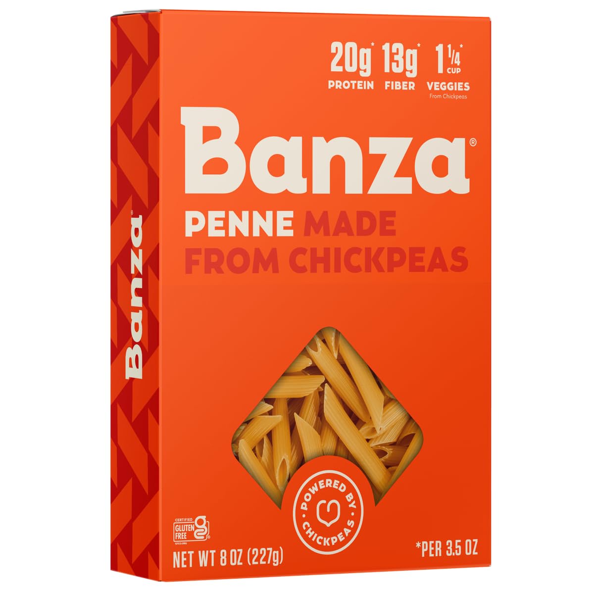 Box of Banza chickpea penne gluten free pasta box