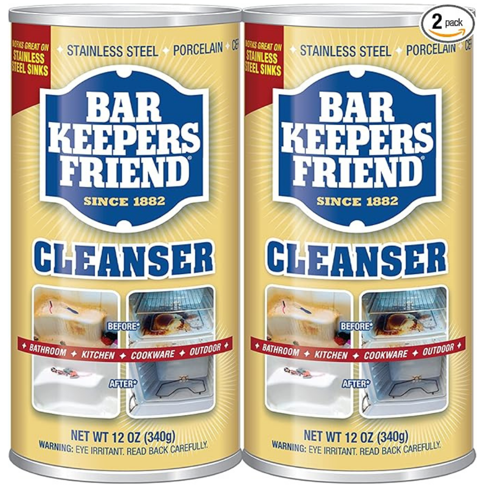 Two cans of Bar Keepers Friend cleanser and polish for home cleaning - great on stainless steel. 