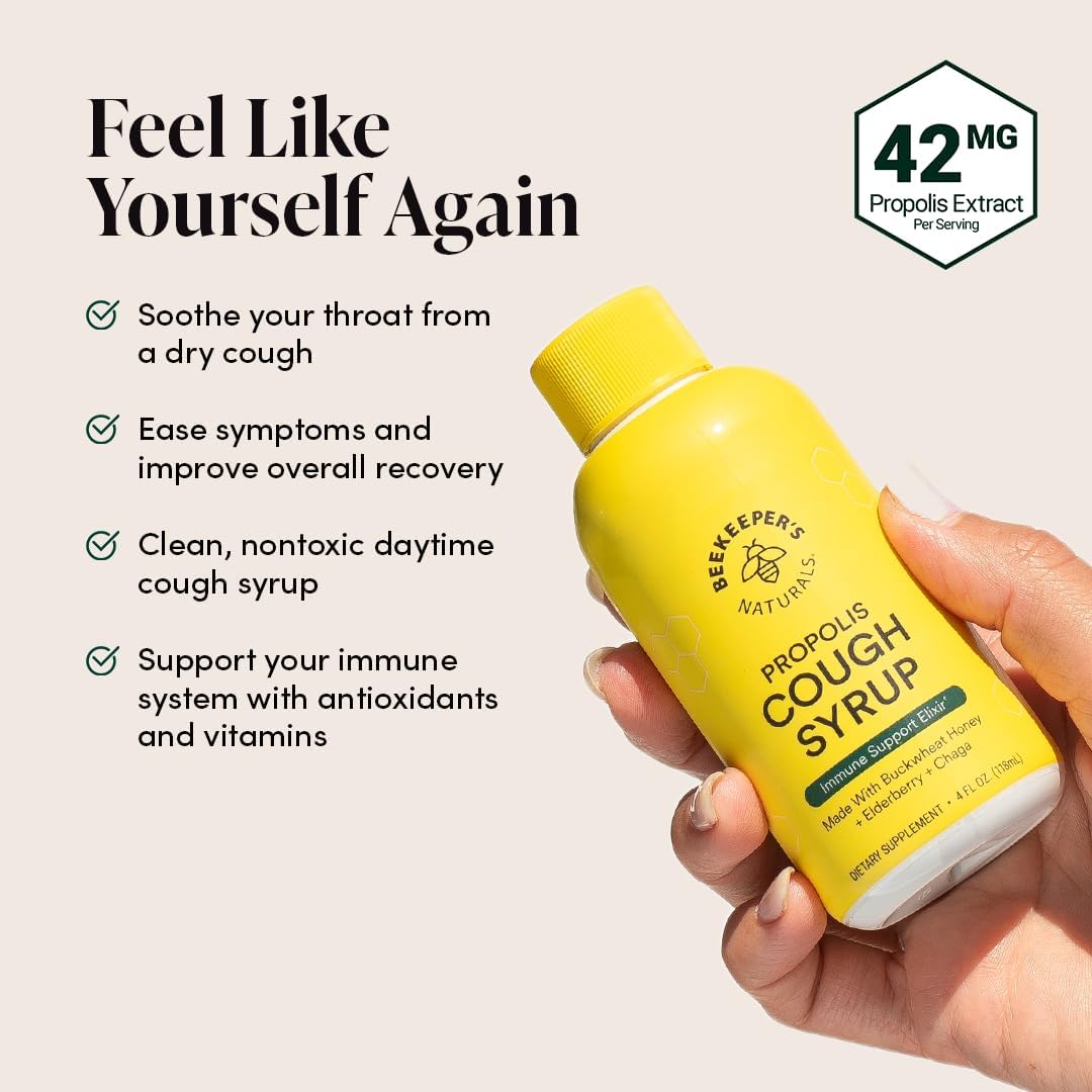 Feel like yourself again with Beekeepers Naturals propolis cough syrup to soothe your throat, ease symptom and support your immune system with antioxidants and vitamins
