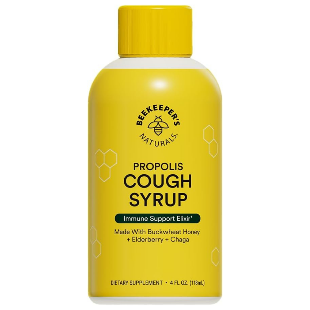 Can of Beekeepers Naturals propolis cough syrup immune support elixir made with Buckwheat honey, elderberry and chaga dietary supplement. 