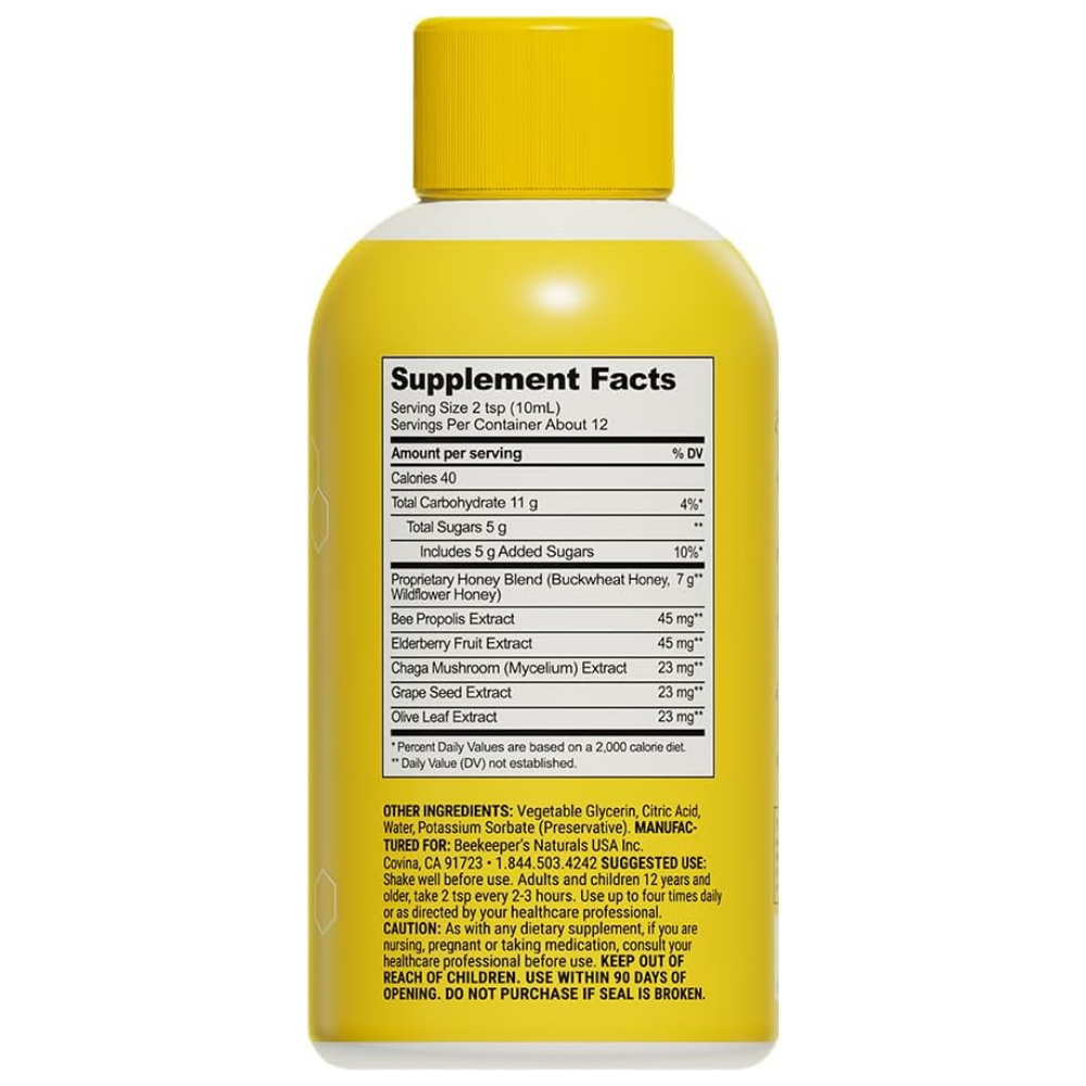 Back of container of Beekeepers natural propels cough syrup with supplement facts, ingredients and cautions. 