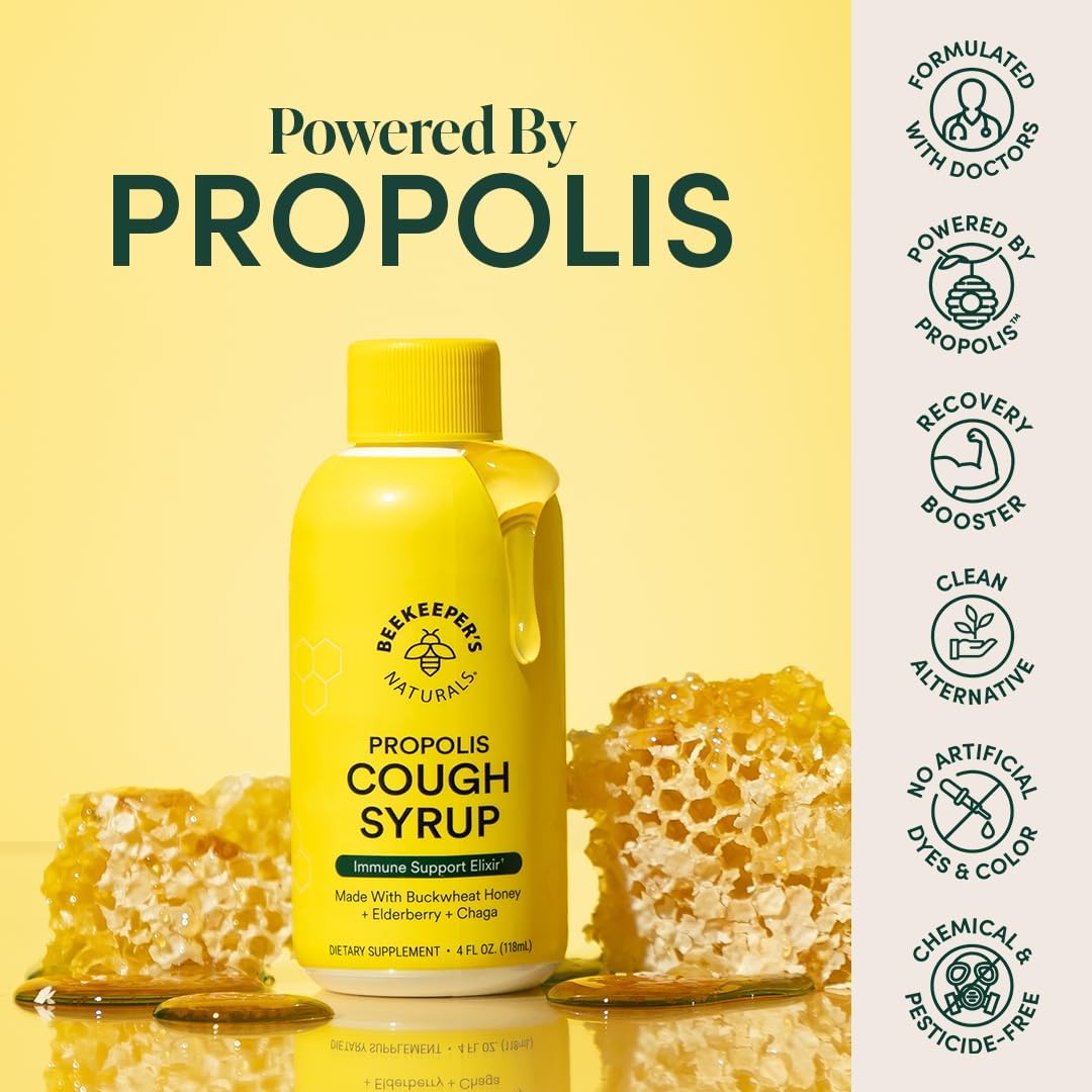 Yellow bottle of Beekeepers naturals recovery booster propolis cough syrup formulated with doctors, without chemicals or artificial dyes and colours. 