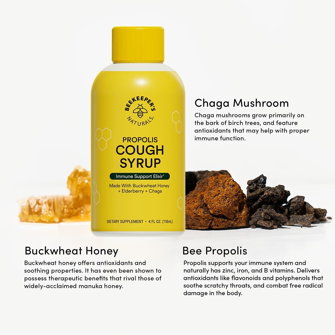 Beekeepers Naturals propolis cough syrup contains chaga mushrooms, buckwheat honey and bee propolis. 