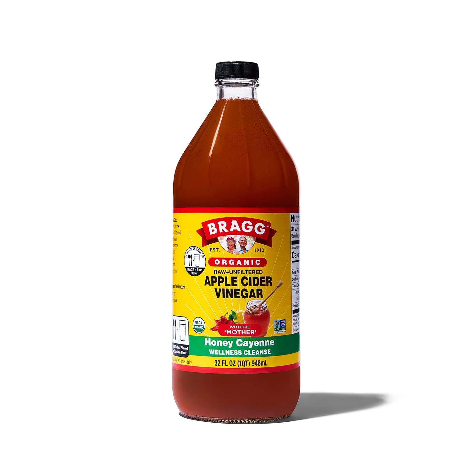 Braggs organic raw-unfiltered apple cider vinegar with honey cayenne for a wellness cleanse. 