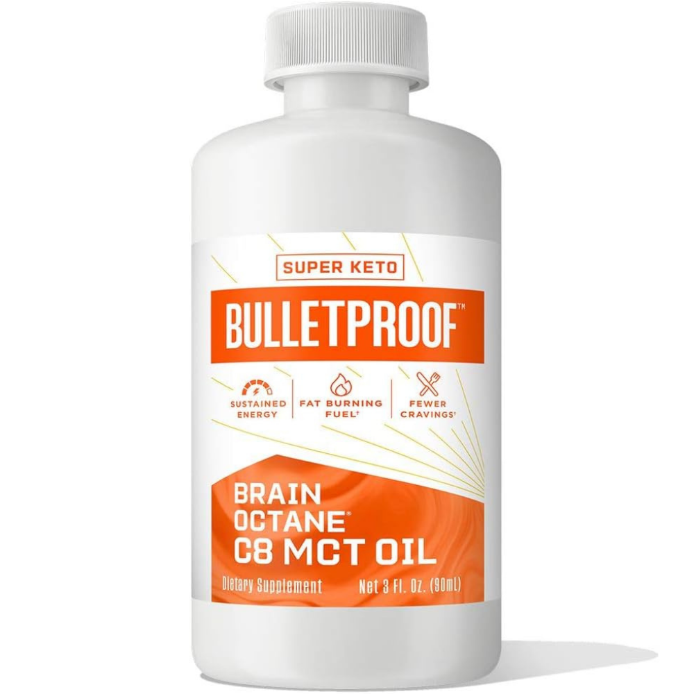 Bottle of Bulletproof brain octane C8 MCT oil dietary supplement for sustained energy, fat burning fuel and fewer cravings. 