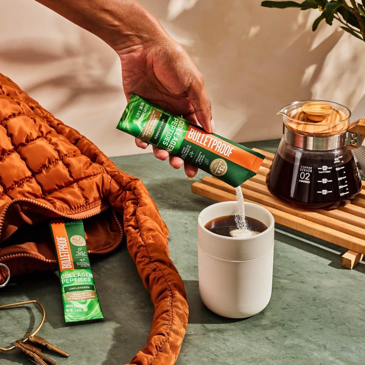 Bulletproof collagen peptides packages dissolve easily in tea and coffee. 