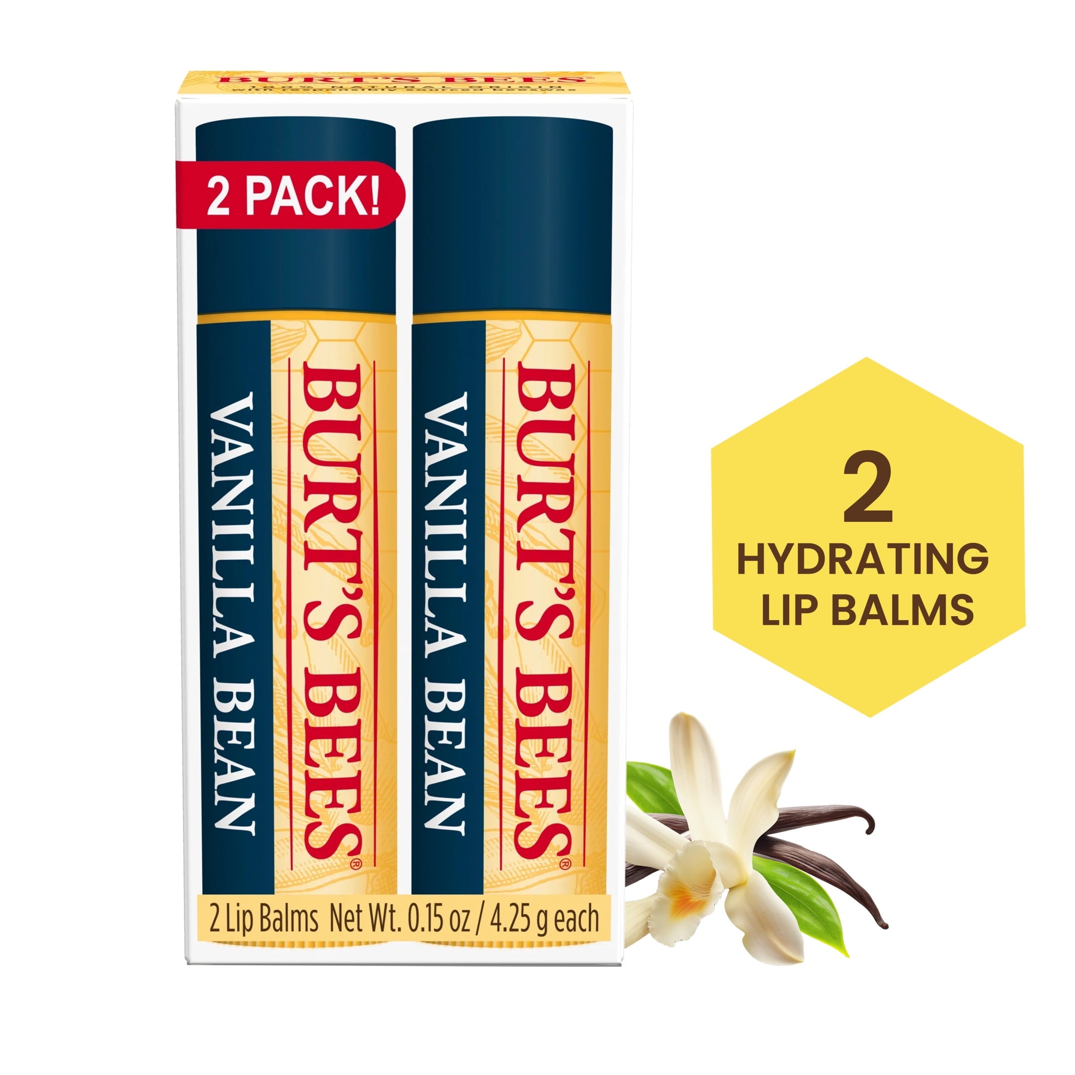 Burt's Bees Vanilla Bean Moisturizing Lip Balm | 0.15 Oz (4.25 g) each | Pack of 2