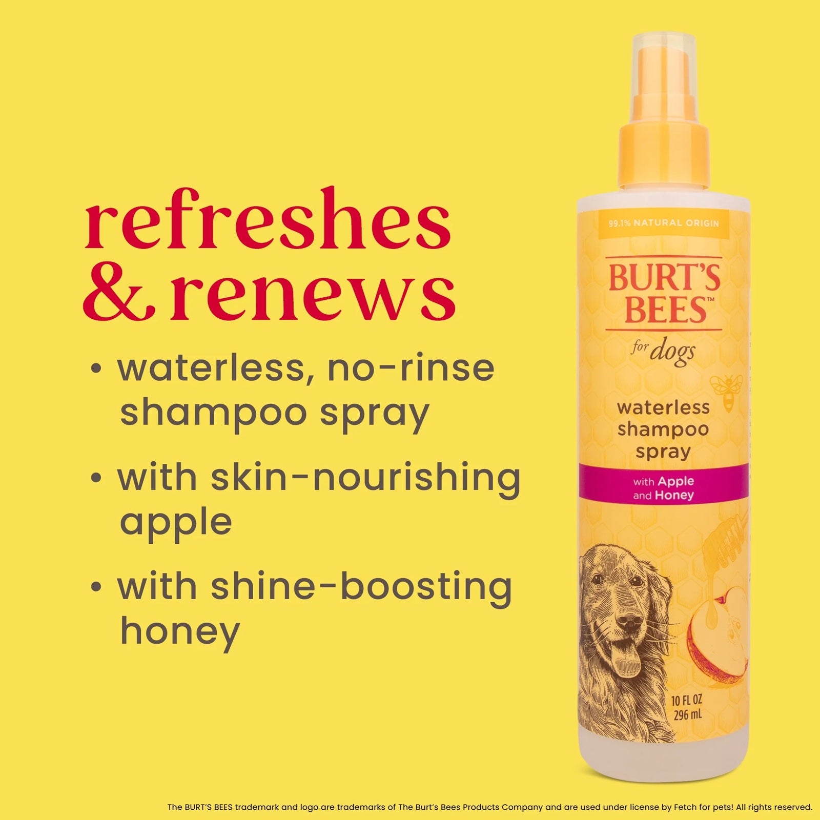 Burts bees dogs shampoo refreshes and renews with waterless, no-rinse shampoo spray with skin-nourishing apple and shine boosting honey. 