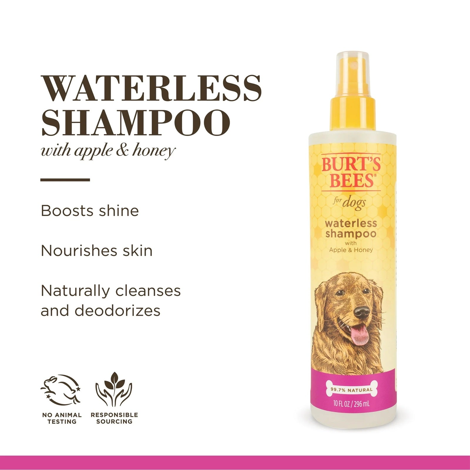 Burt's Bees waterless shampoo for dogs with apple and honey to boost shine, nourish skin and naturally cleanses and deodorizes