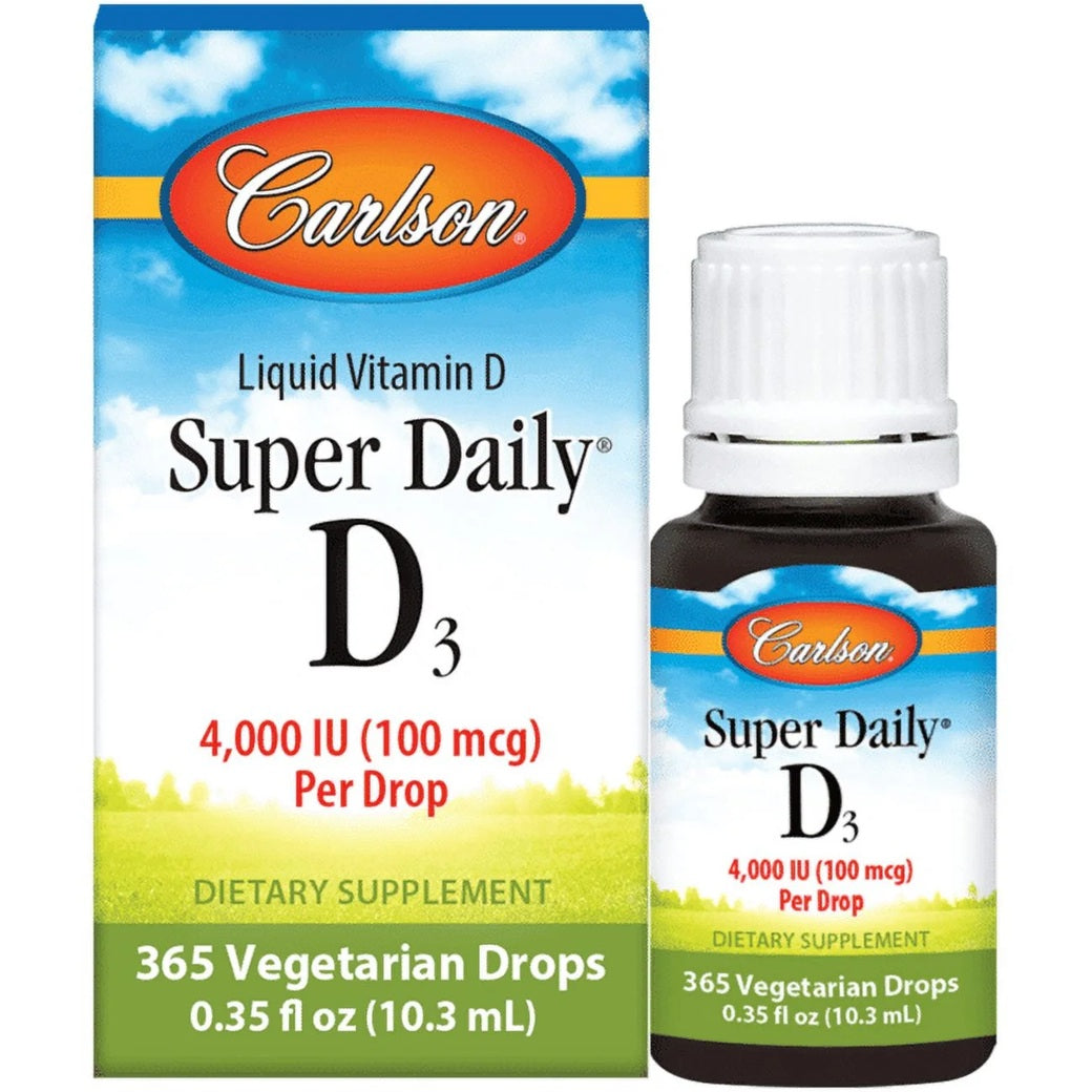 Carlson Super Daily D3 liquid vitamin D supplement bottle - 365 vegetarian drops, dietary supplements. 