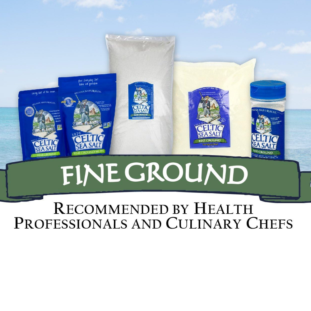 Celtic sea salt fine ground packaging is recommended by health professionals and culinary chefs. 