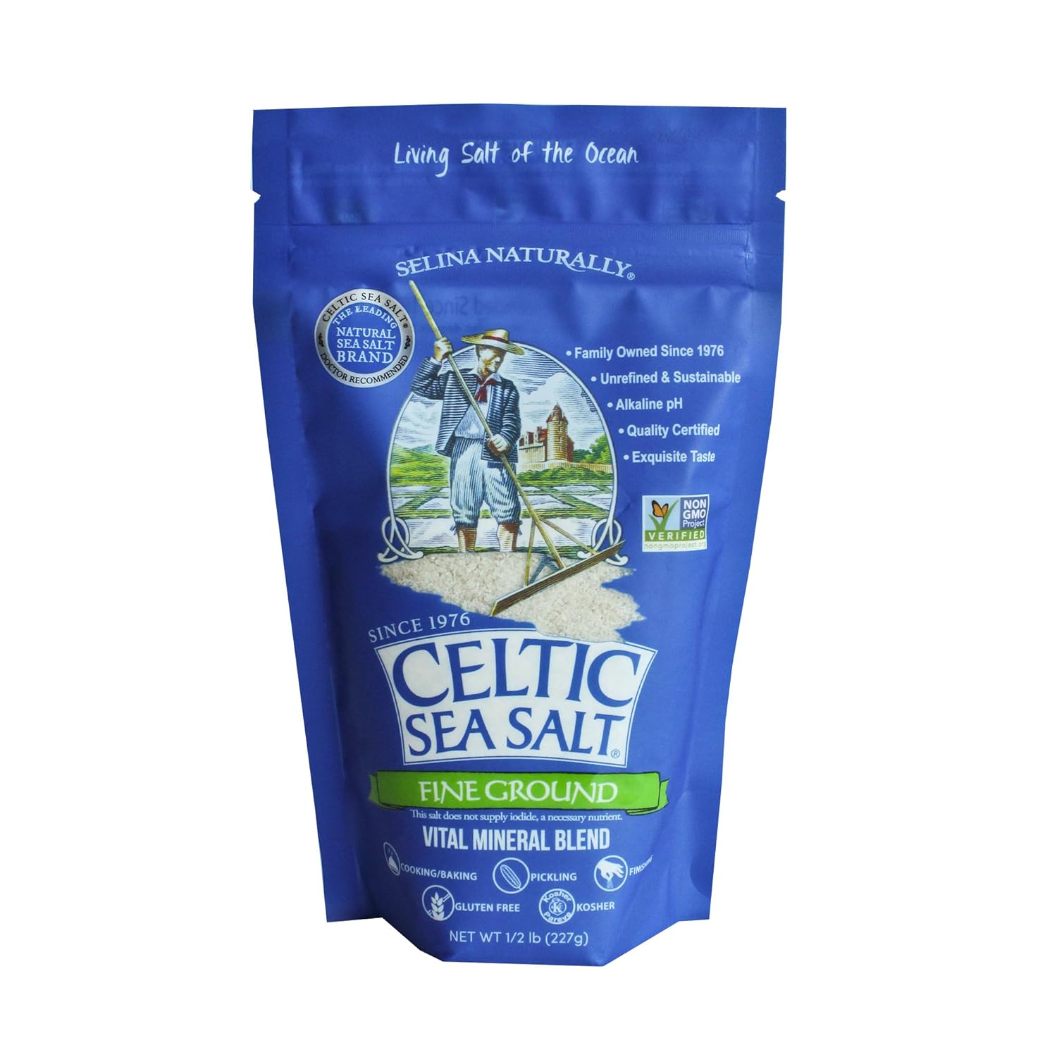 A package of Celtic Sea Salt, fine ground, 8 oz, vital mineral blend gluten free and kosher.