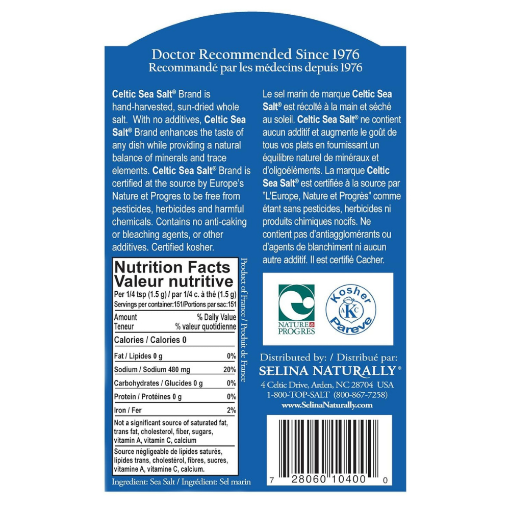 Back label of Celtic sea salt with nitrous facts and certifications. Kosher sea salt, doctor recommended. 