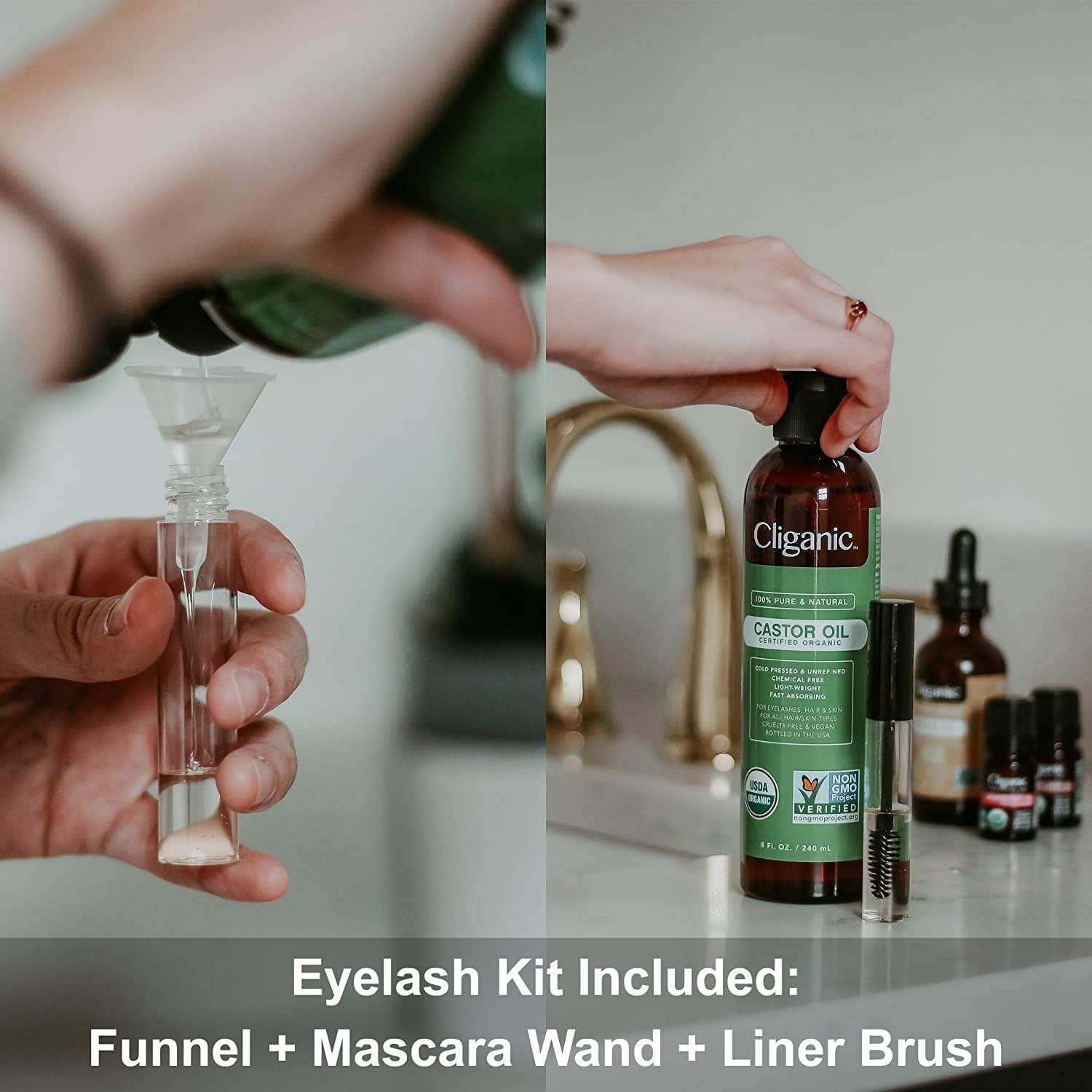 Cliganic 100% pure castor oil with eyelash kit included: funnel, mascara wand and liner brush