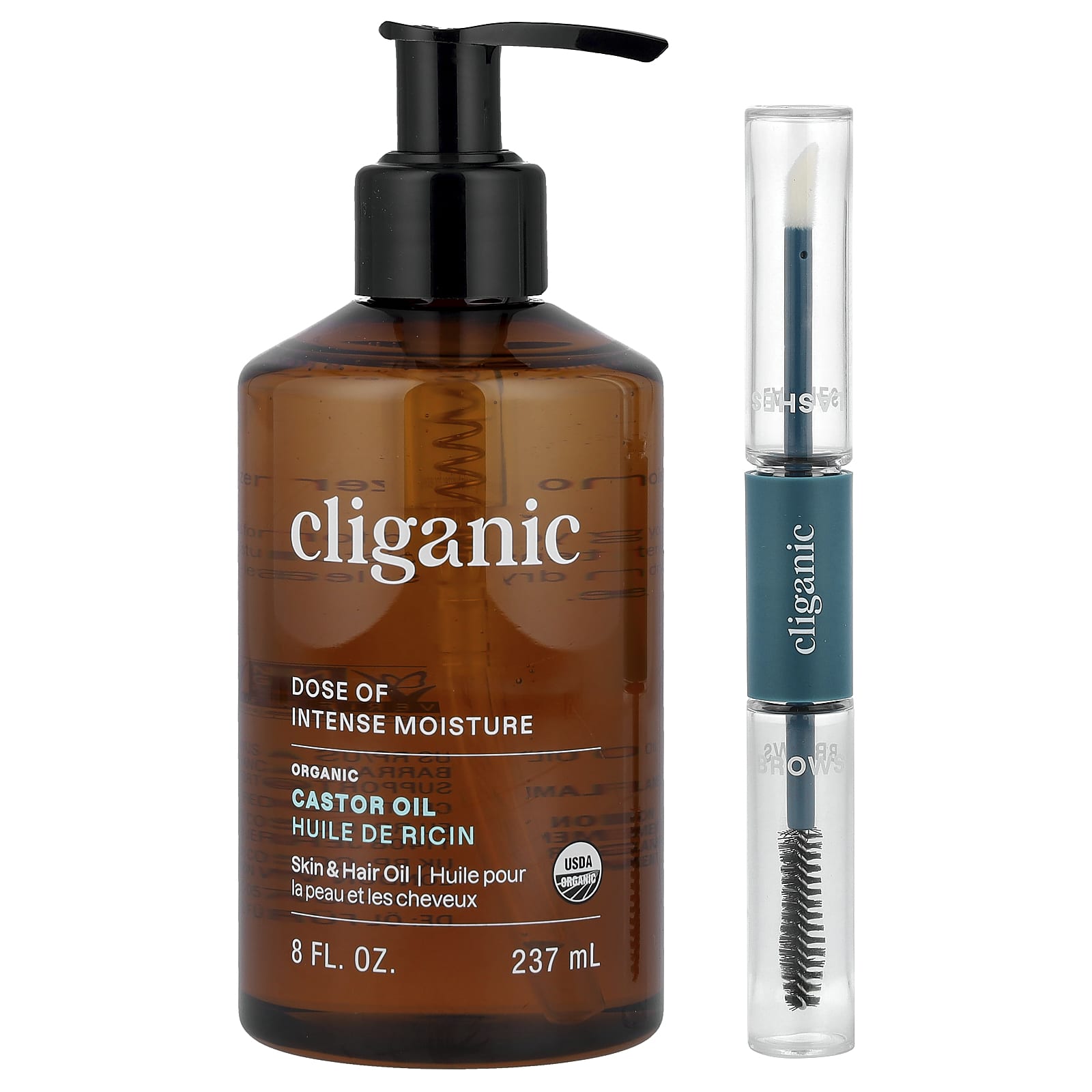 Brown bottle of cliganic castor oil with black pump and mascara wand 