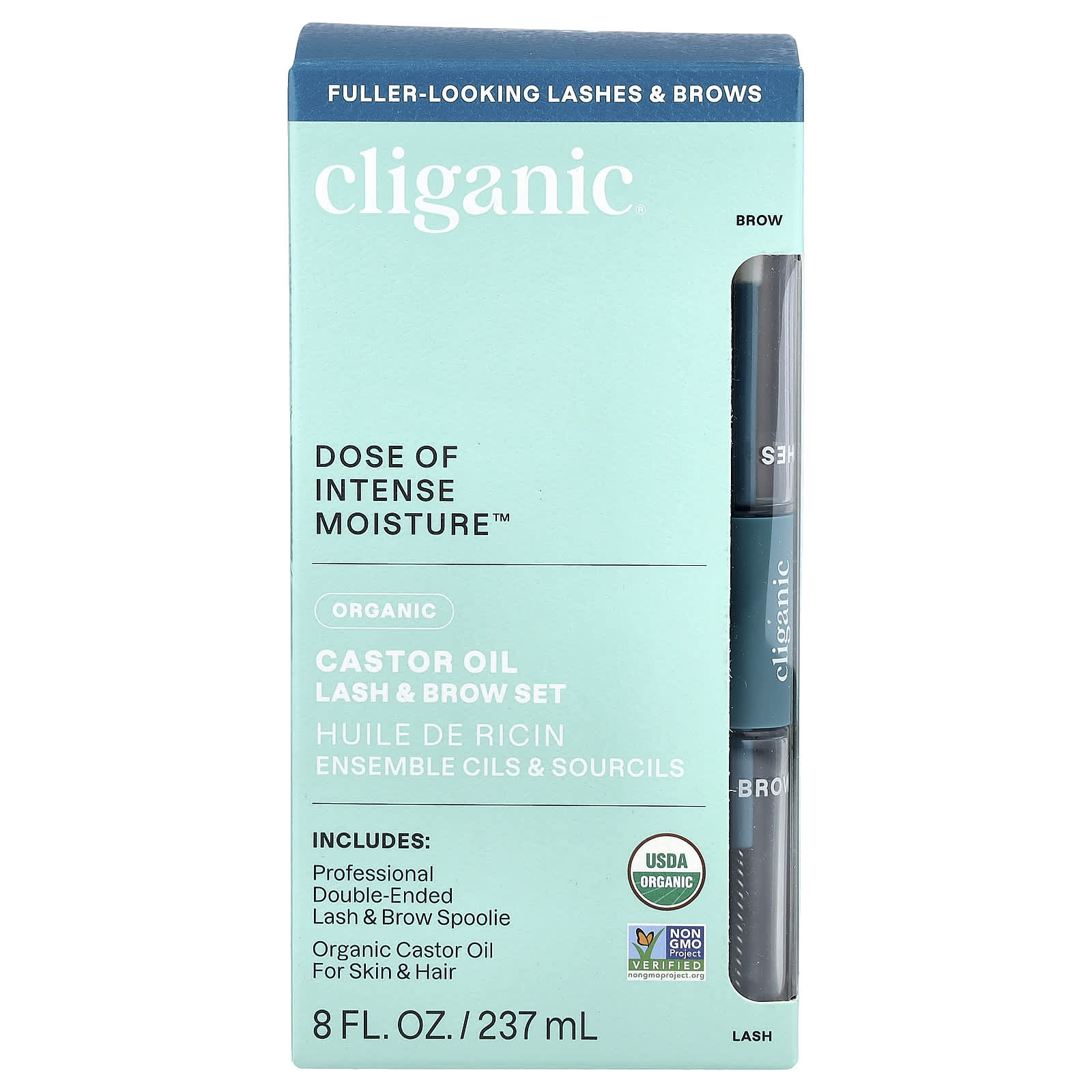 Cliganic castor oil lash & brow set with mascara brush for fuller lashes and brows