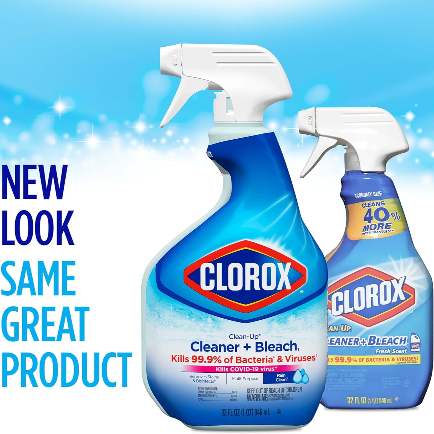 New look for the Clorox clean-up cleaner + bleach disinfectant - kills 99.9% of bacteria and viruses for clean homes. 