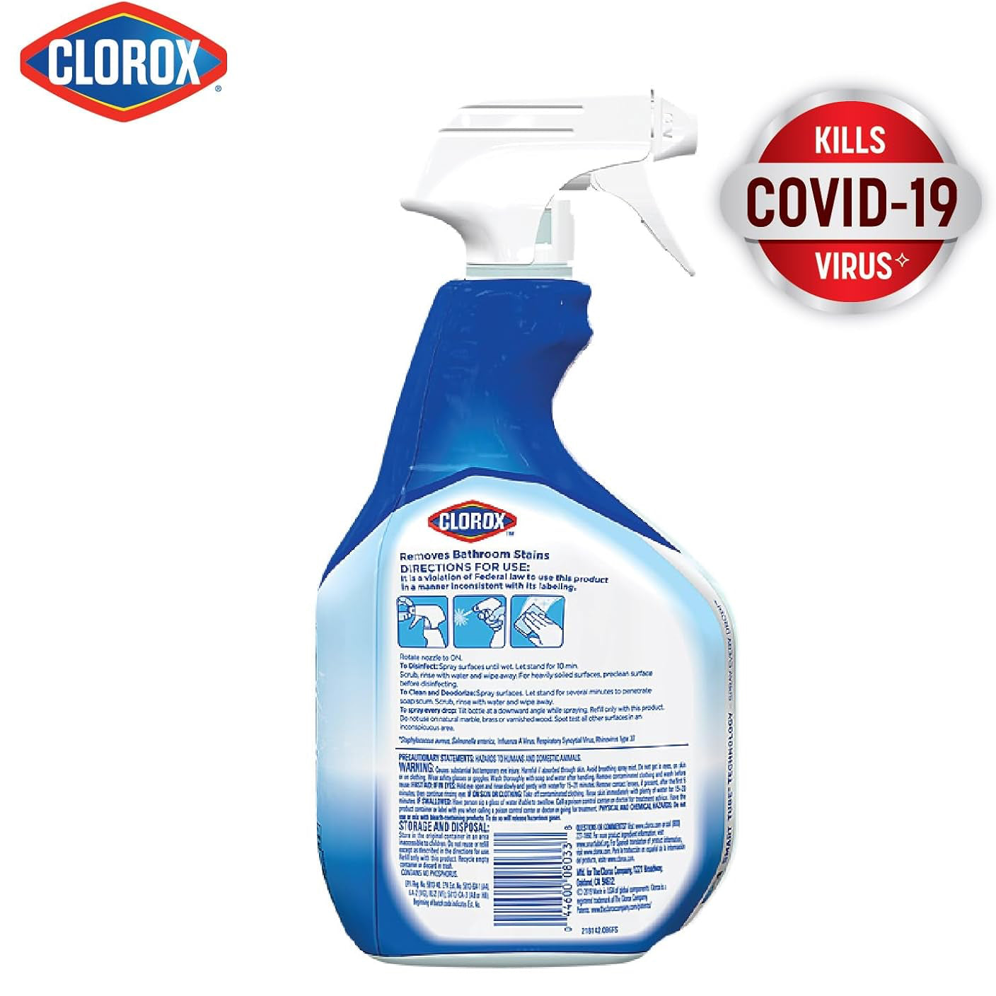 Clorox bathroom disinfecting cleaner spray kills covid 19 virus and removes bathroom stains with easy to use directions. 