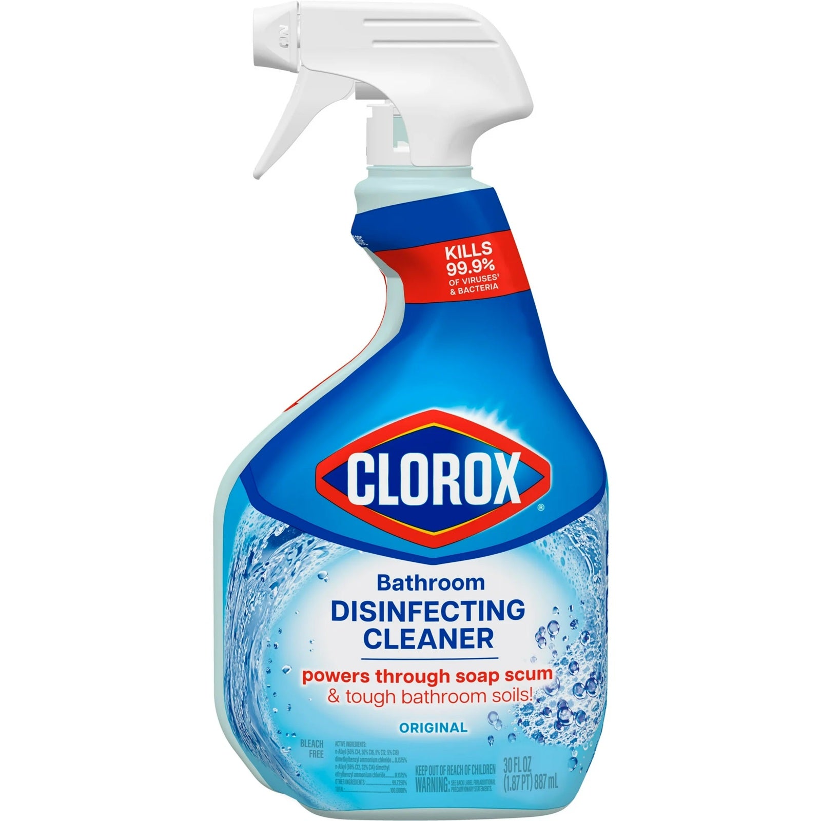 Clorox bathroom disinfecting cleaner powers through soap scum and tough bathroom soils for clean homes. 