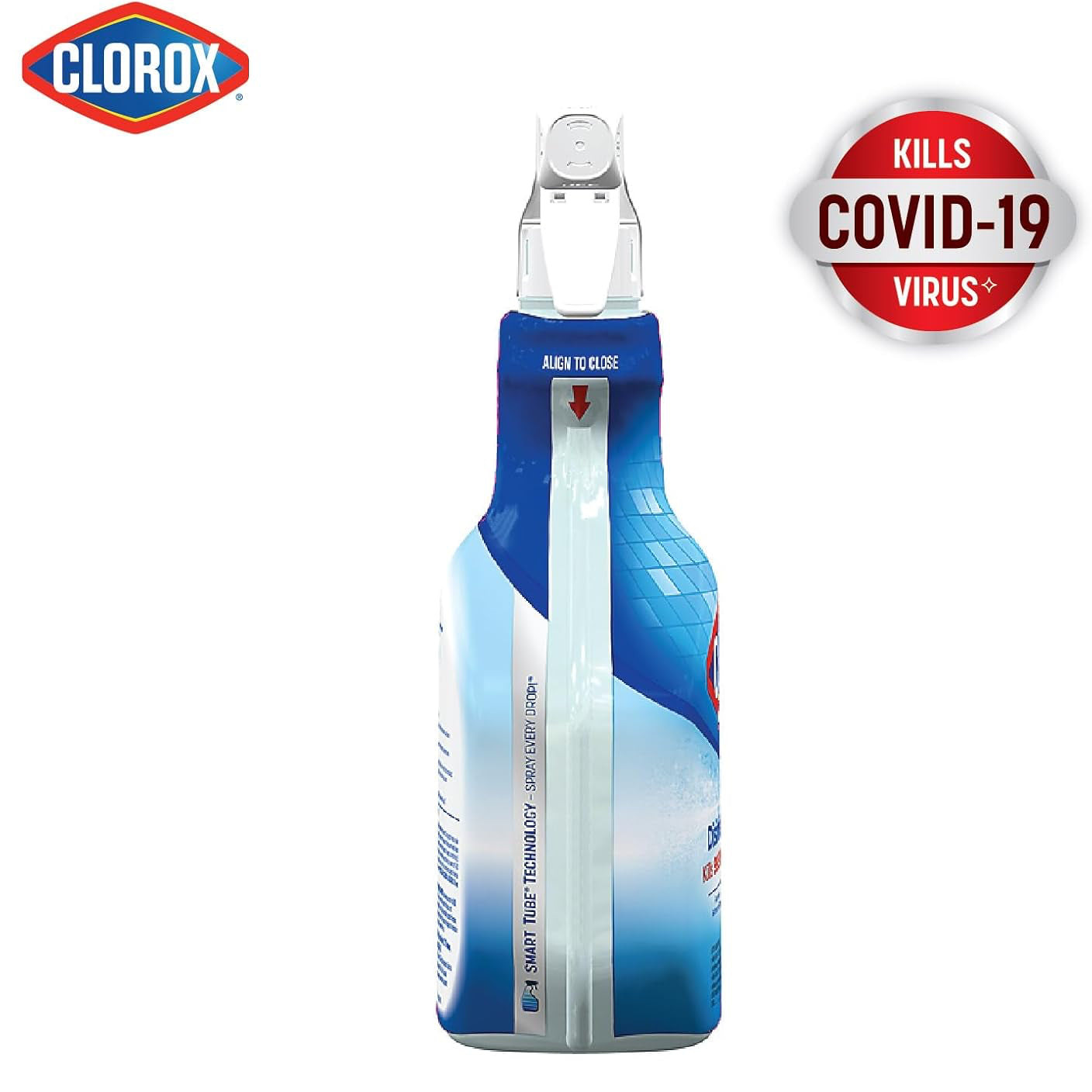 Clorox disinfecting bathroom cleaner spray, kills covid -19 virus - side profile. 