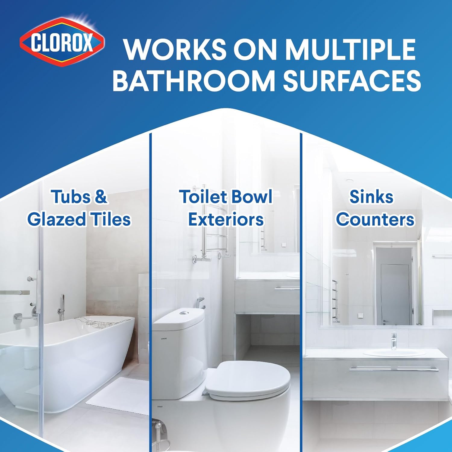 Clorox disinfecting bathroom cleaner disinfectant spray works on multiple bathroom surfaces including tubs & glazed tiles, toilet bowl exterior and sink counters. 