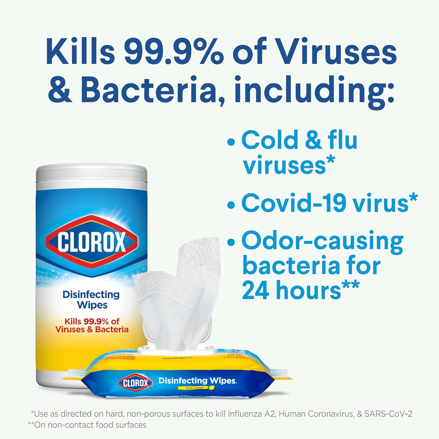 Clorox disinfecting wipes kills 99.9% of viruses & bacteria including colds and flu viruses and odor-causing bacteria for 24 hours. 