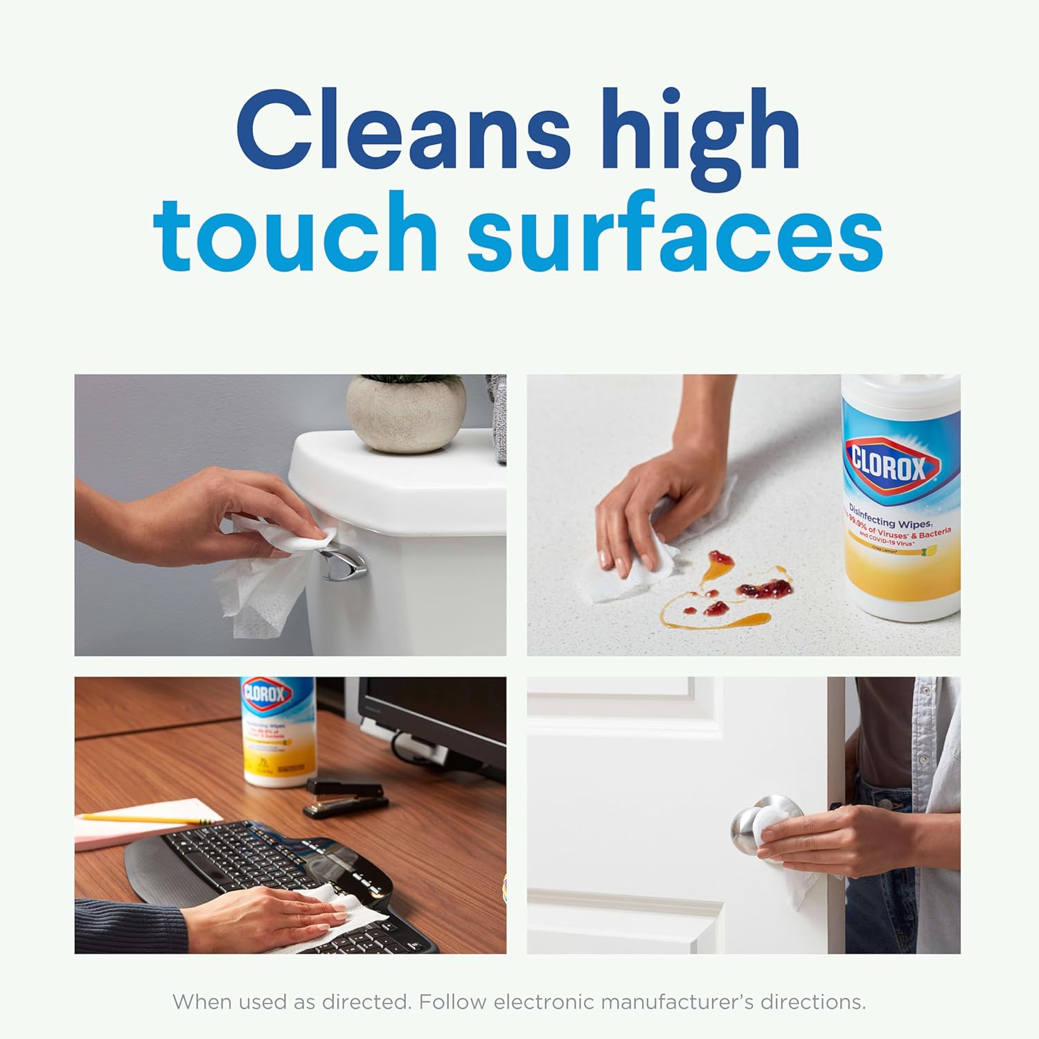 Clorox disinfecting wipes cleans high touch surface like keyboards and door knobs for easy home cleaning. 
