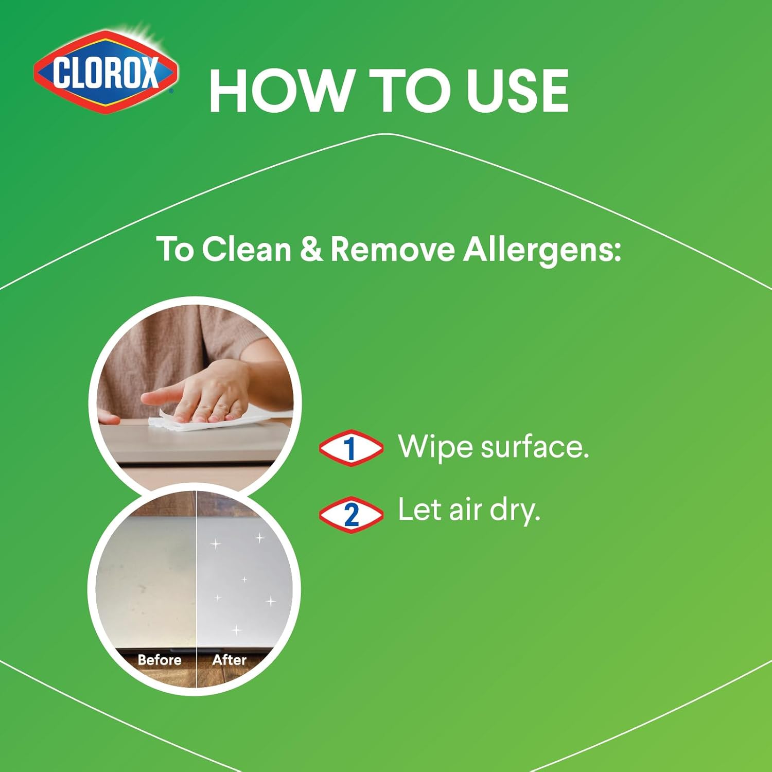 Clorox disinfectant wipes needs surface contact to clean and remove allergens. 