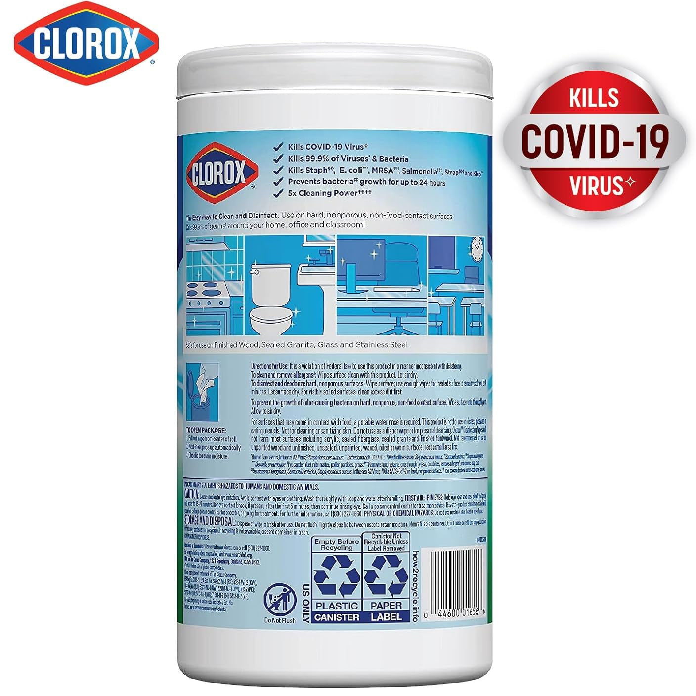 Clorox disinfecting wipes canister with 75 disinfectant wipes kills covid 19 virus with 5x cleaning power. 
