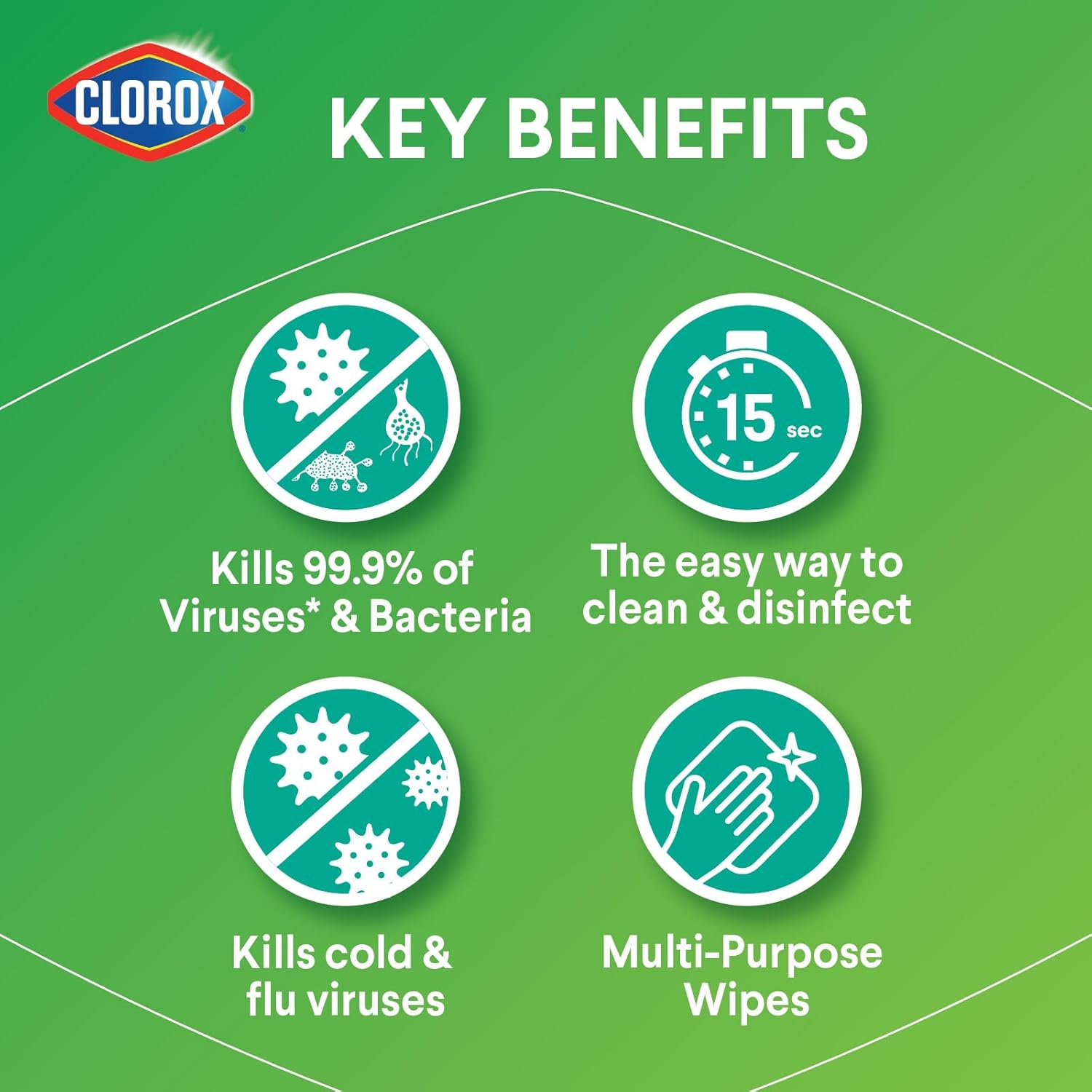 Clorox disinfecting wipes kills 99.9% of viruses and bacteria, multi-purpose wipes is the easy way to clean and disinfect. 