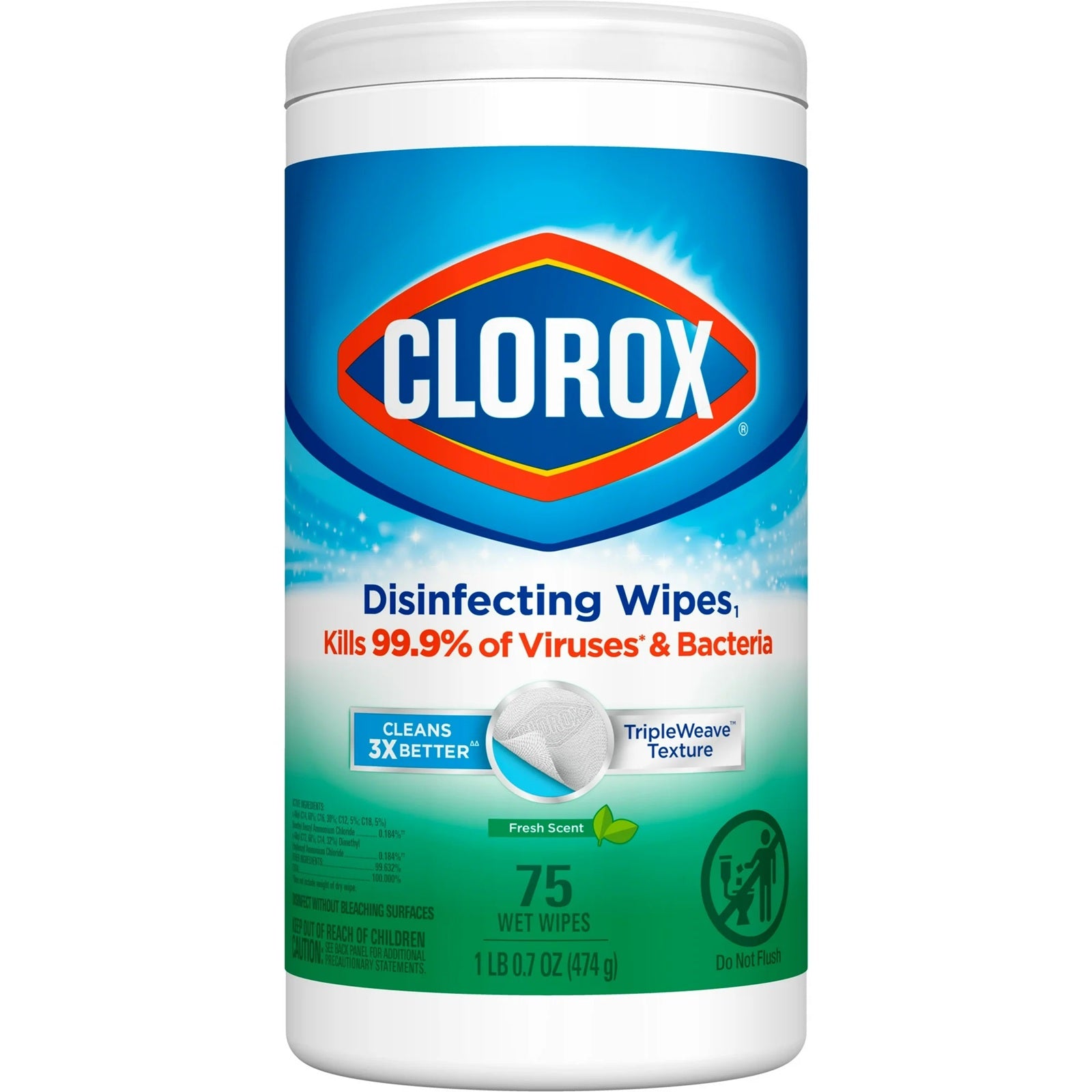 Clorox canister containing 75 disinfecting wipes which kills 99% of viruses & bacteria, fresh scent. 
