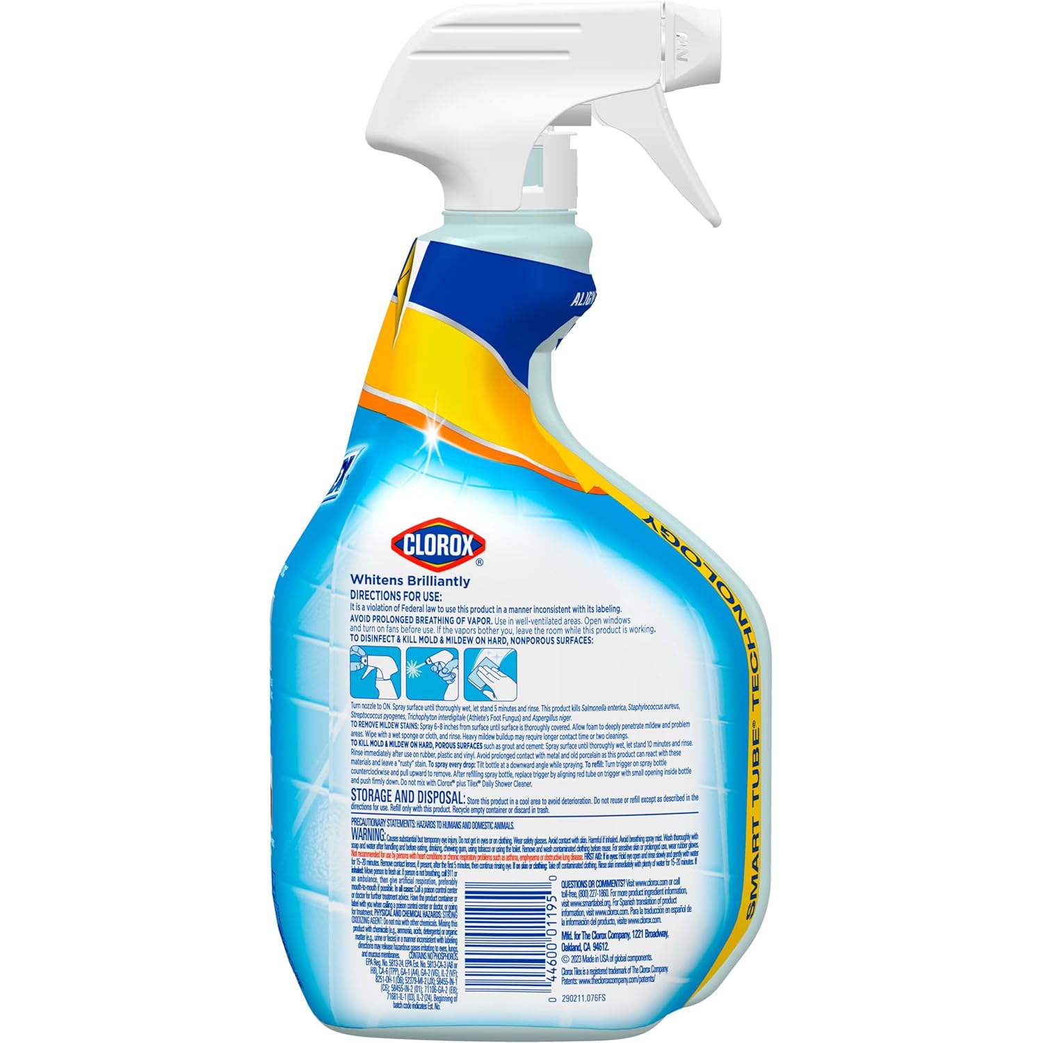 Back of bottle of Clorox tilex mold & mildew remover spray to whiten brilliantly. 