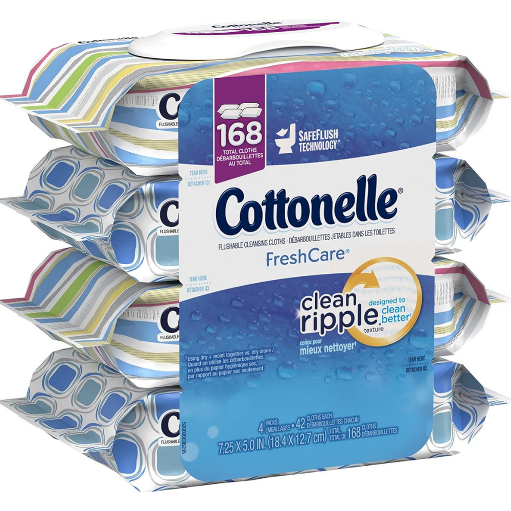 Packs of Contella fresh care cleansing wipes - safe for flushing