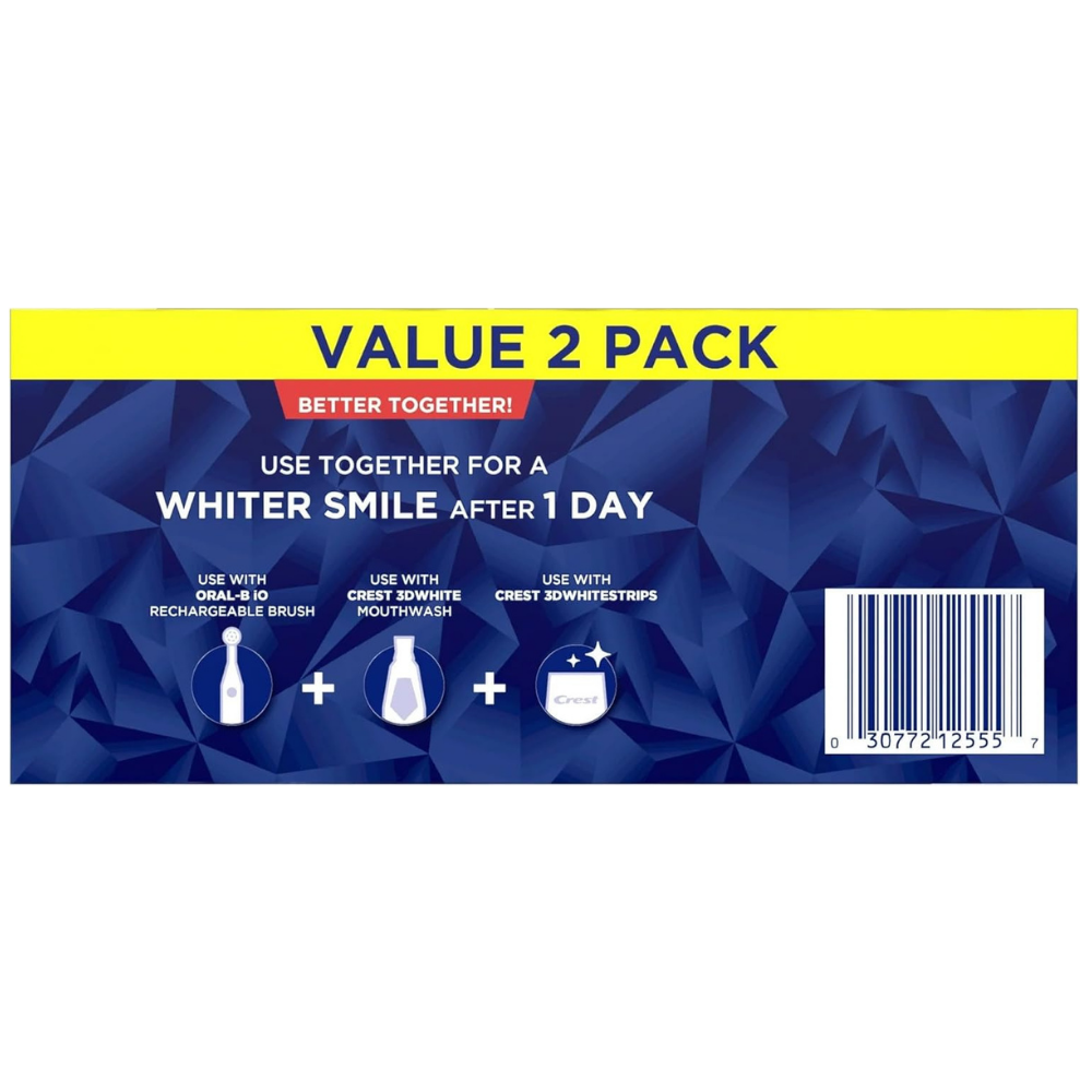 Crest 3D white advanced glamorous toothpaste in a blue pack of 2 for a whiter smile after 1 day - packaging includes instruction. 