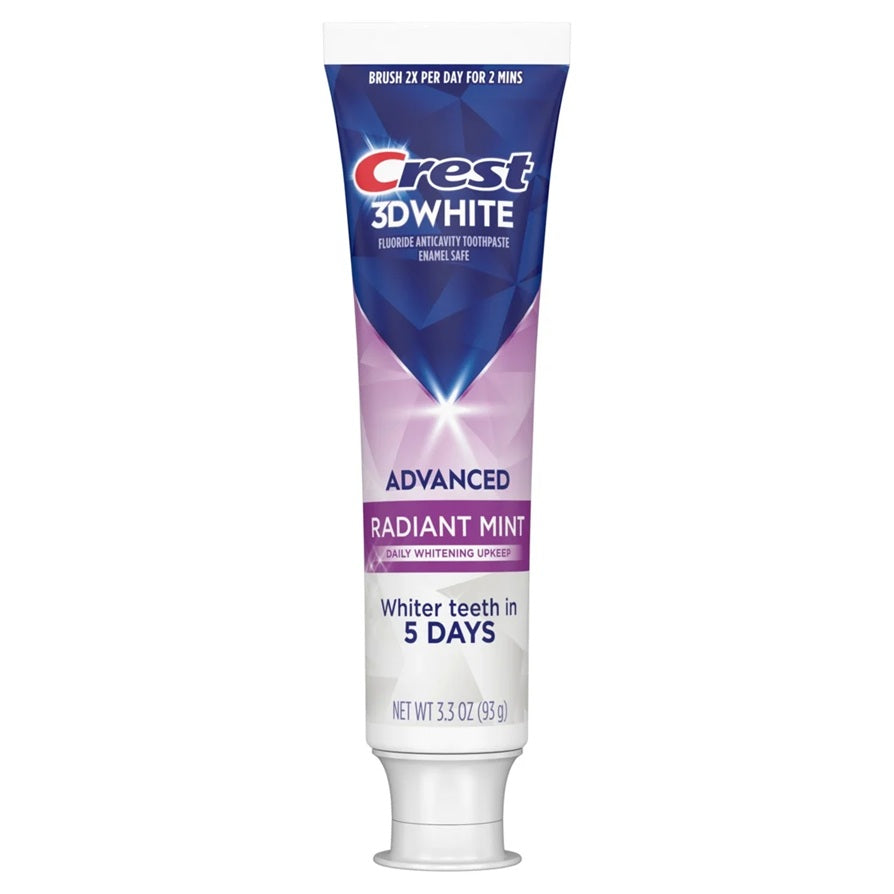 Tube of Crest 3D white advanced radiant mint fluoride anti cavity toothpaste (enamel safe) for whiter teeth in 5 days. 