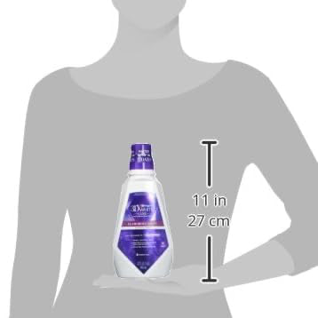 Bottle of mouthwash with dimensions (27cm) shown relative to a human figure 