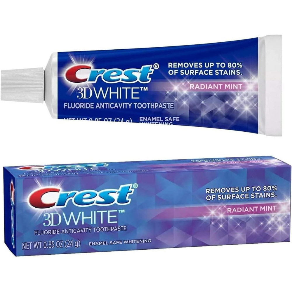 Crest 3D white fluoride anti cavity toothpaste, radiant mint flavor to remove up to 80% of surface stains.