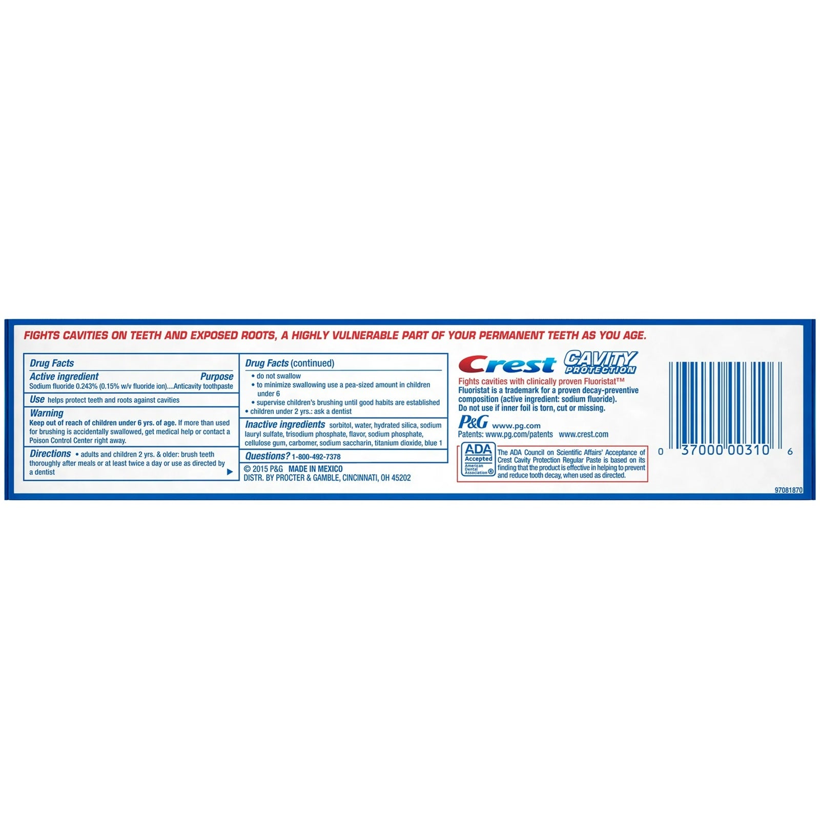 Crest cavity preventive toothpaste with sodium fluoride for anti cavity purposes.  