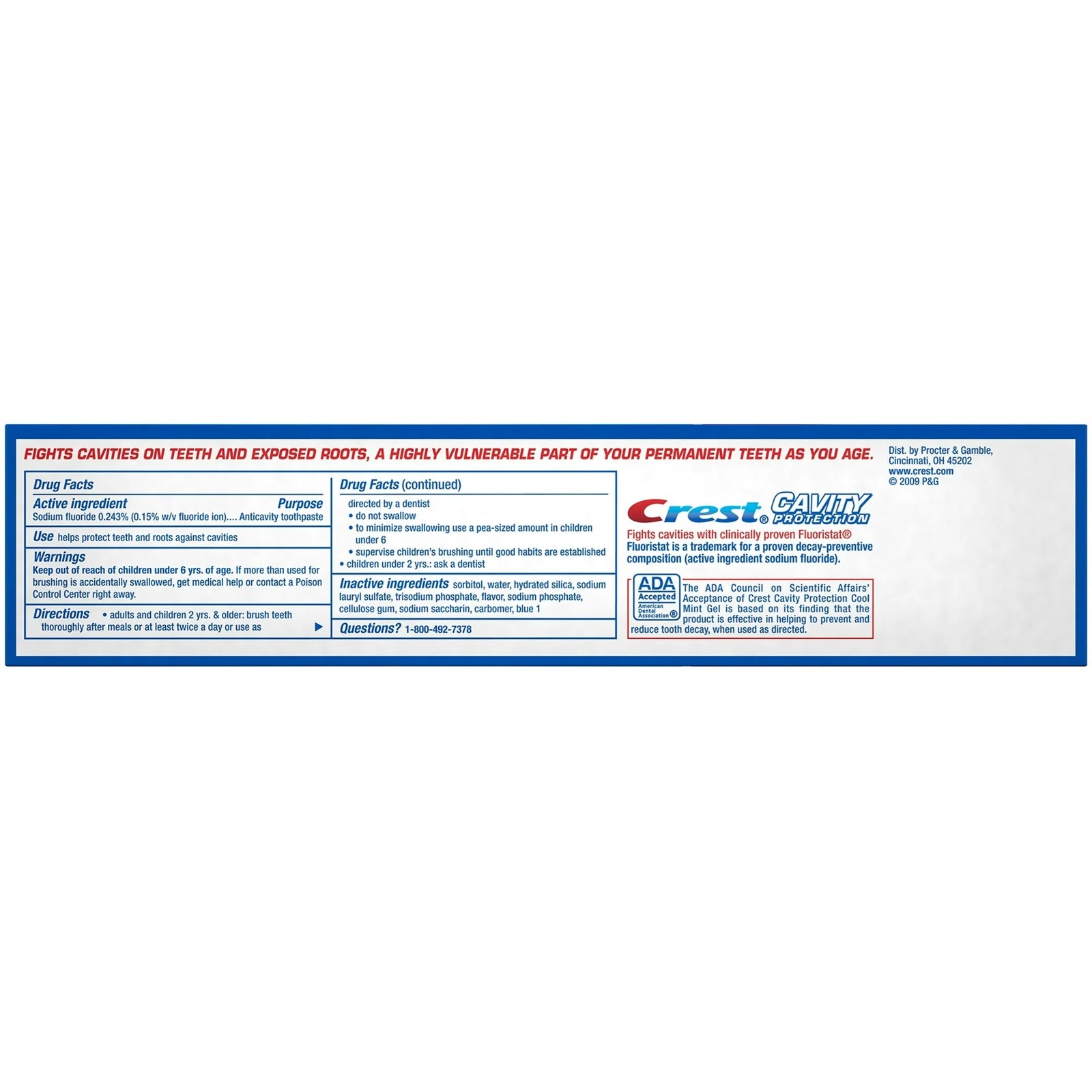 Crest cavity protection toothpaste tube label to help fight cavities on teeth and exposed roots. 