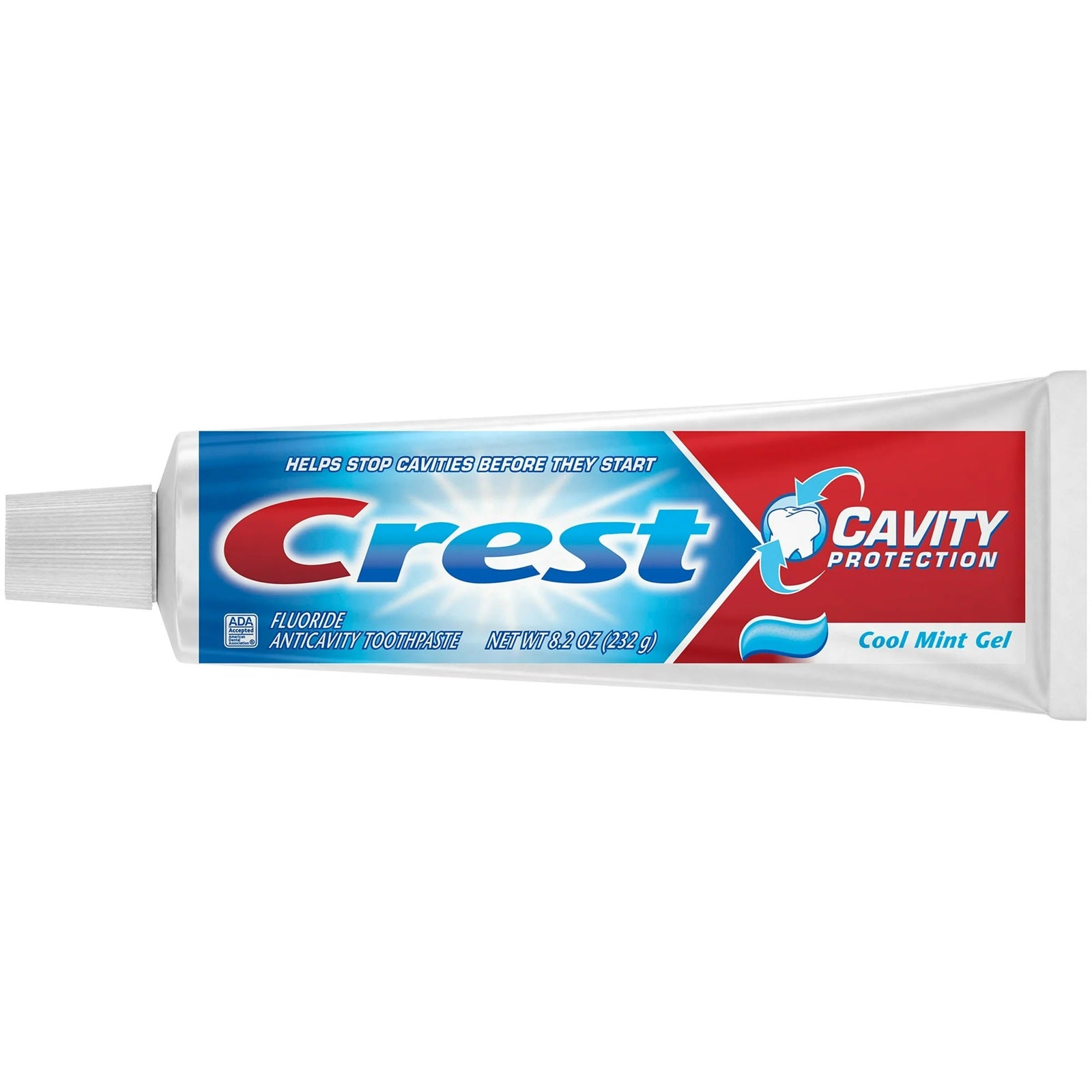 Crest cavity protection toothpaste tube in cool mint gel to help stop cavities before they start